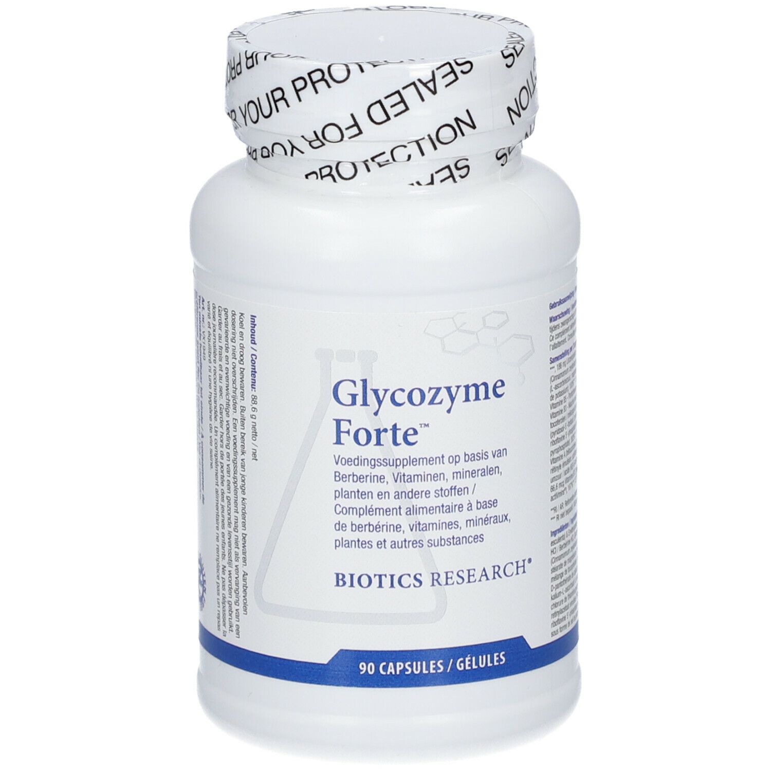 Flacon blanc "Glycozyme Forte". 90 gélules. Logo Biotics Research. Bouchon avec "SEALED FOR YOUR PROTECTION".