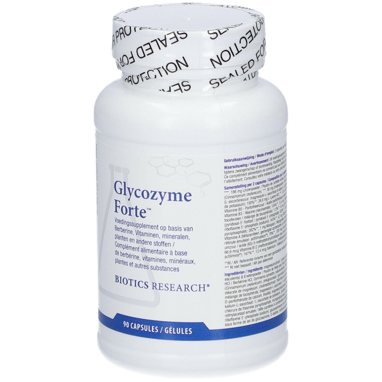 Flacon blanc "Glycozyme Forte". 90 gélules. Logo Biotics Research. Bouchon avec "SEALED FOR YOUR PROTECTION".