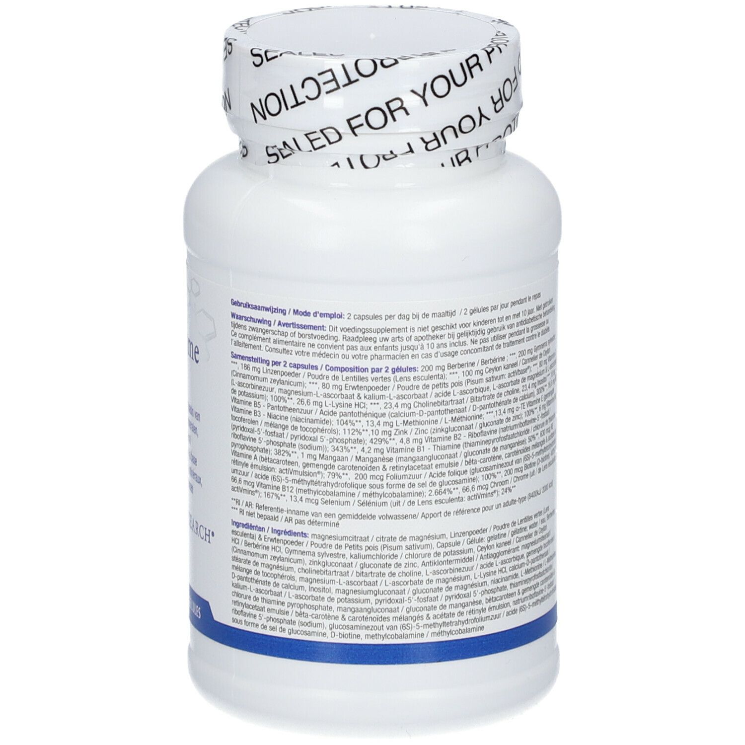 Dos d'un flacon blanc. Texte multilingue. "Glycozyme Forte". Logo Biotics Research. 90 gélules.