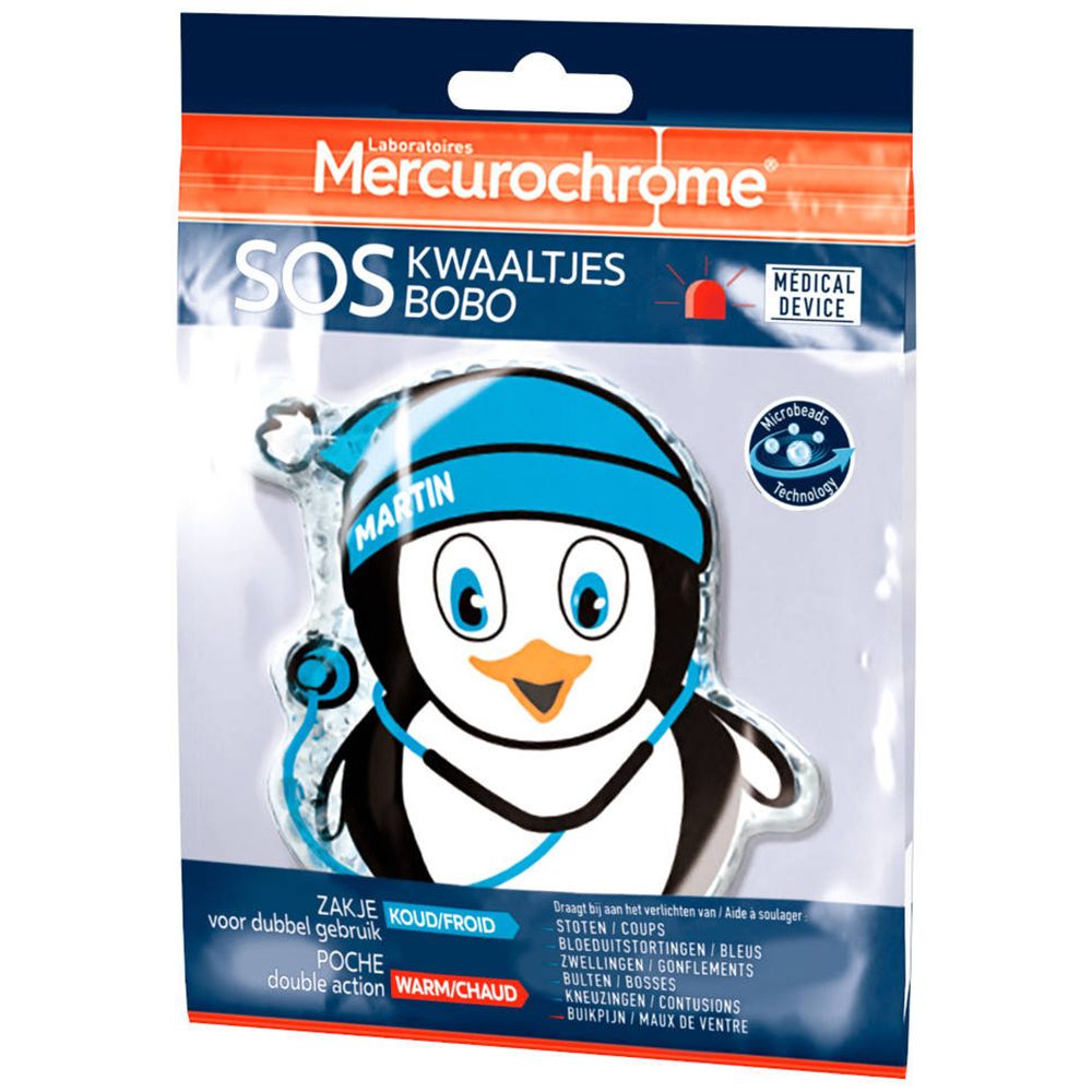 Emballage de compresse froid/chaud SOS BOBO. Forme de pingouin avec bonnet bleu et stéthoscope. Marque Mercurochrome.