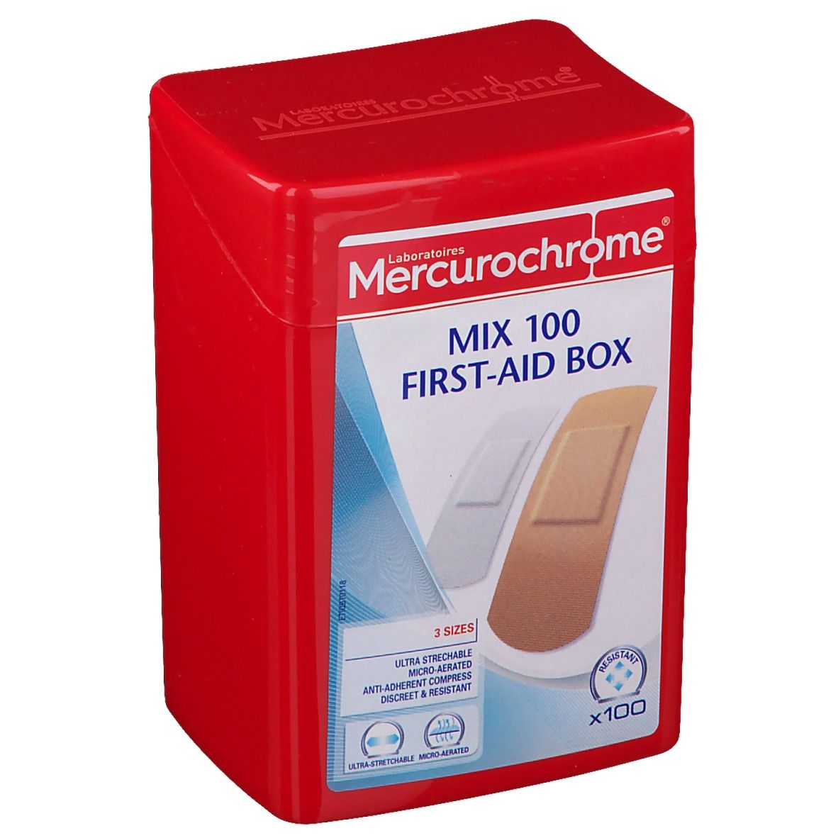 Boîte de premiers secours rouge "Mercurochrome MIX 100 FIRST-AID BOX". Contient des pansements de trois tailles.