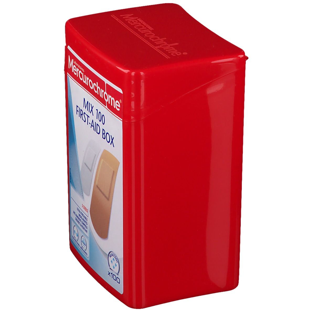 Boîte de premiers secours rouge "Mercurochrome MIX 100 FIRST-AID BOX". Contient des pansements. Forme carrée, couvercle rouge.