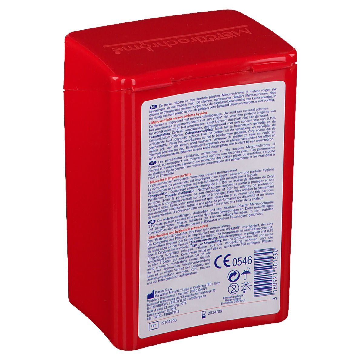 Boîte de premiers secours rouge avec texte. Dos avec informations, marquage CE et pictogrammes.