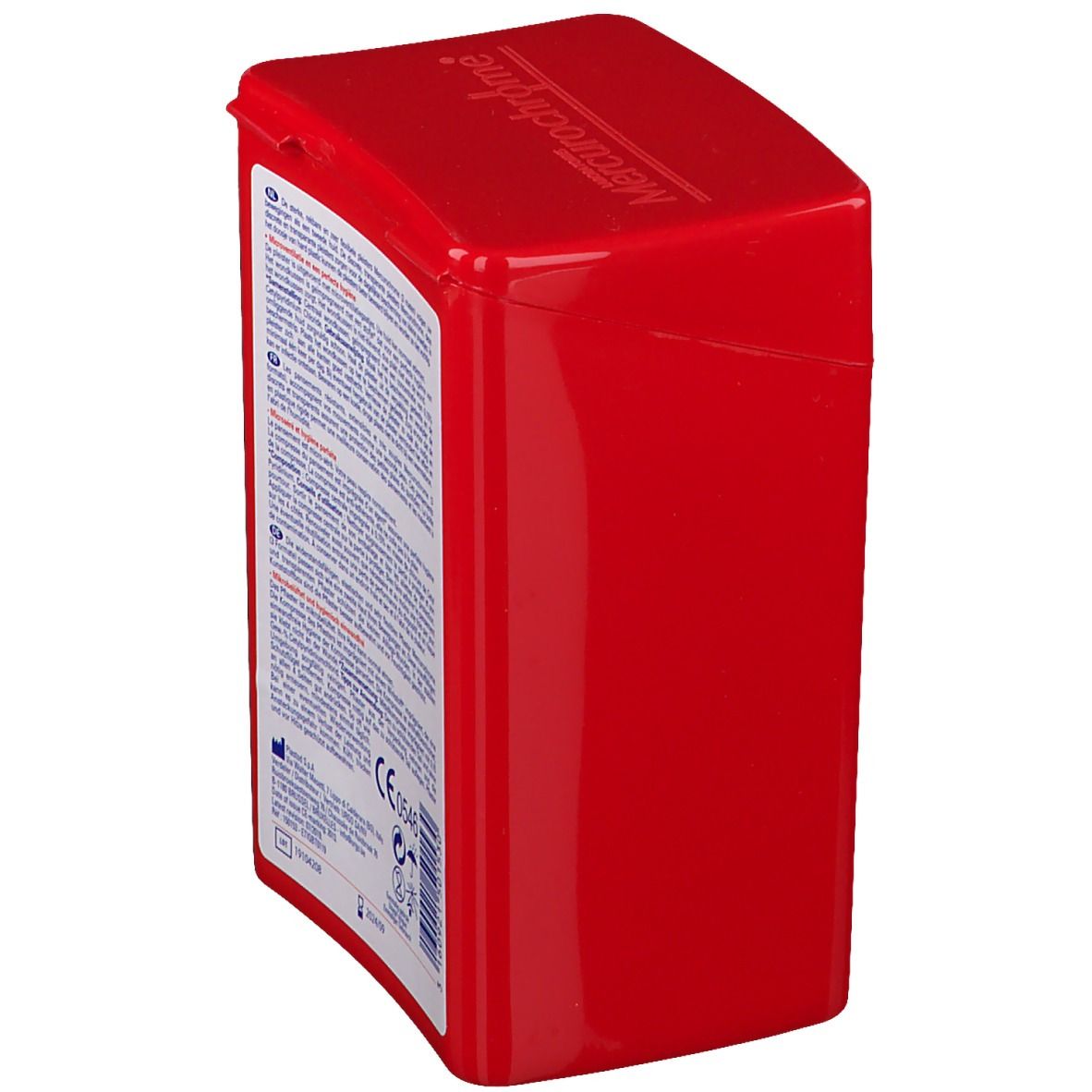 Boîte de premiers secours rouge. Vue arrière avec texte. Forme carrée, couvercle rouge.