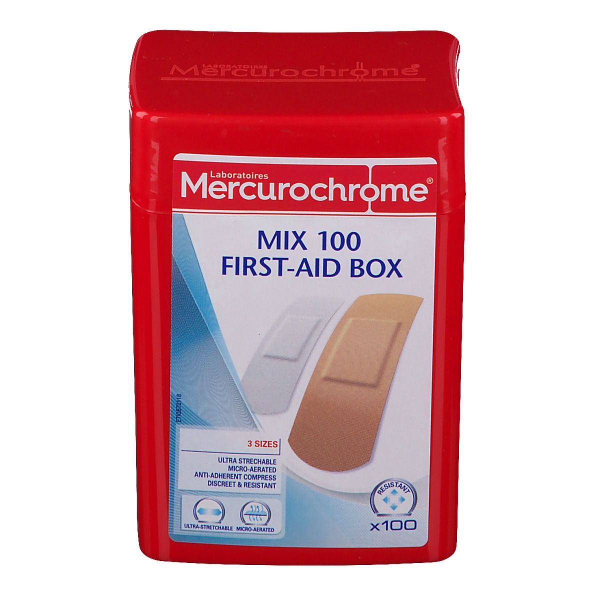 Boîte de premiers secours rouge "Mercurochrome MIX 100 FIRST-AID BOX". Contient des pansements de trois tailles.