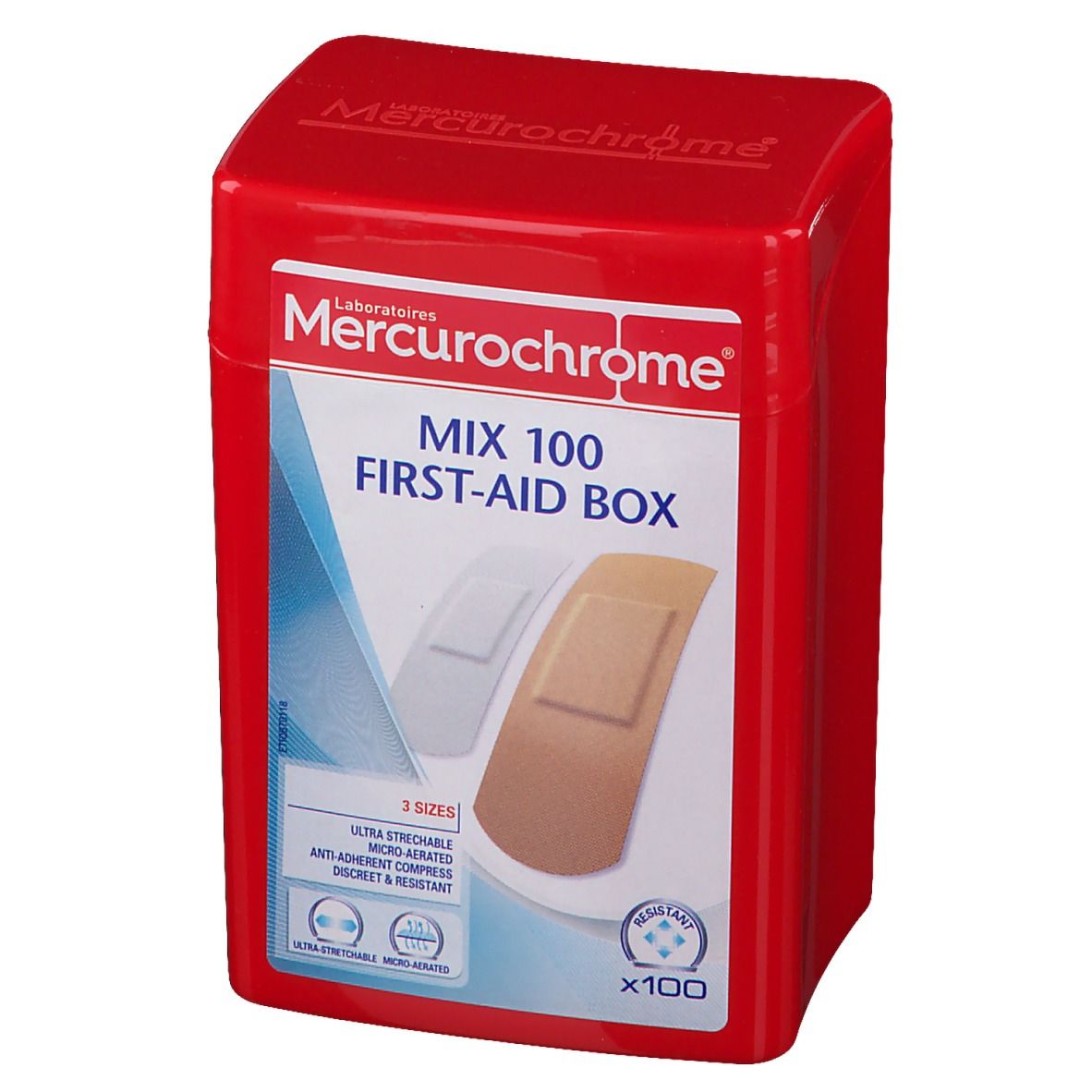 Boîte de premiers secours rouge "Mercurochrome MIX 100 FIRST-AID BOX". Contient des pansements de trois tailles.