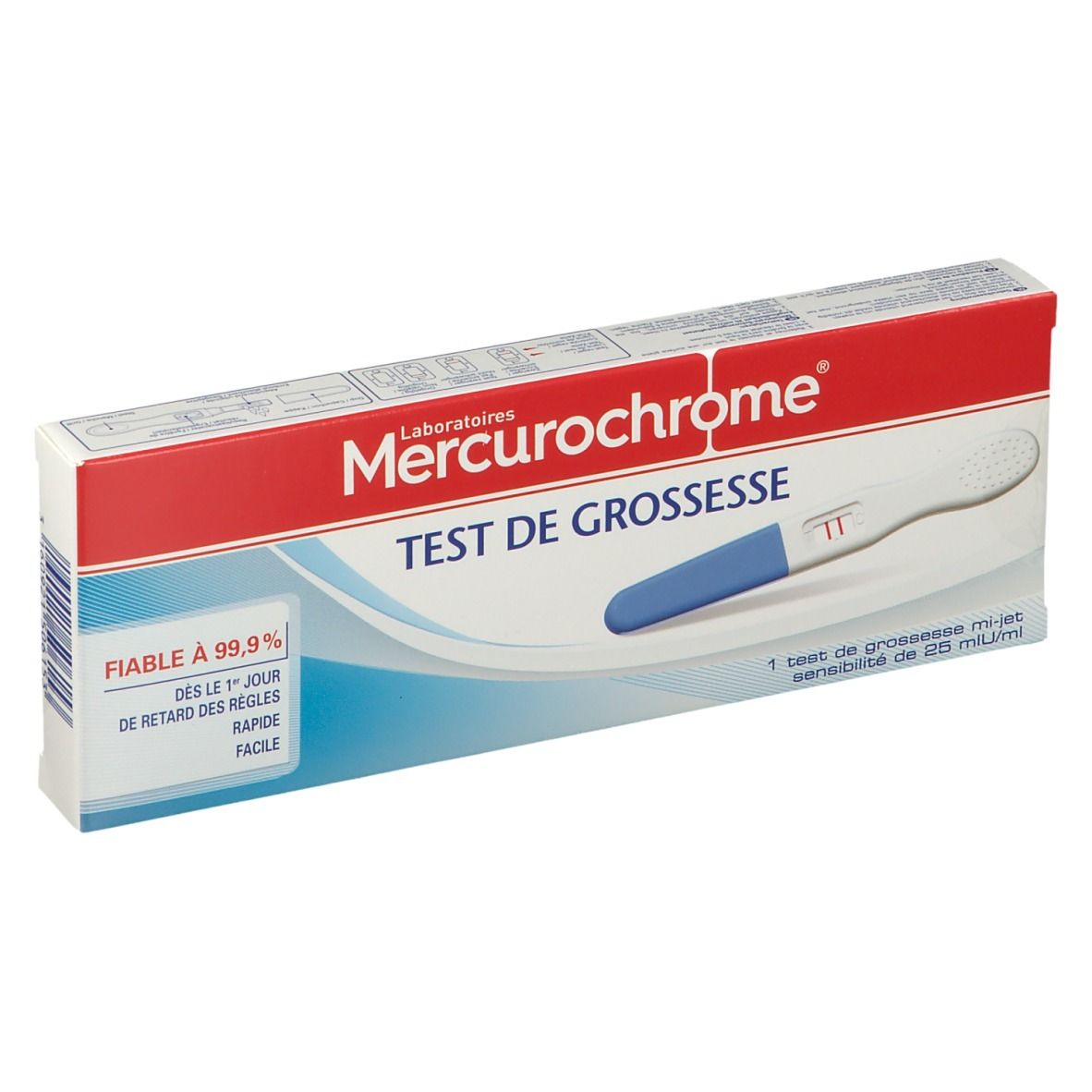 Boîte de test de grossesse Mercurochrome. Blanc, rouge et bleu. Texte: Test de grossesse, fiable à 99,9%.