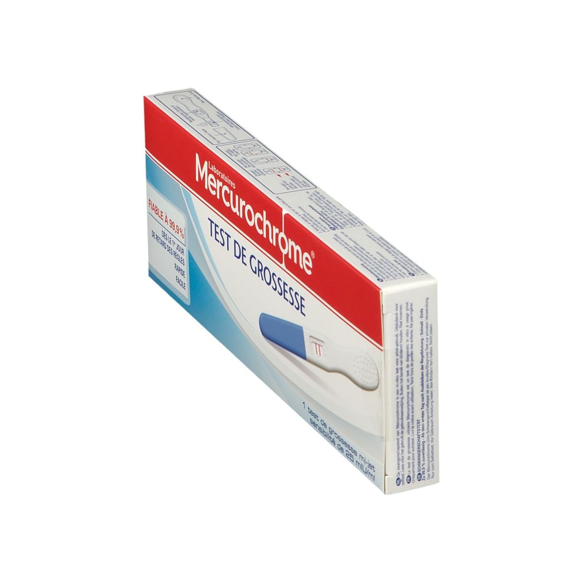 Boîte de test de grossesse Mercurochrome en biais. Blanc, rouge et bleu. Code-barres sur le côté.