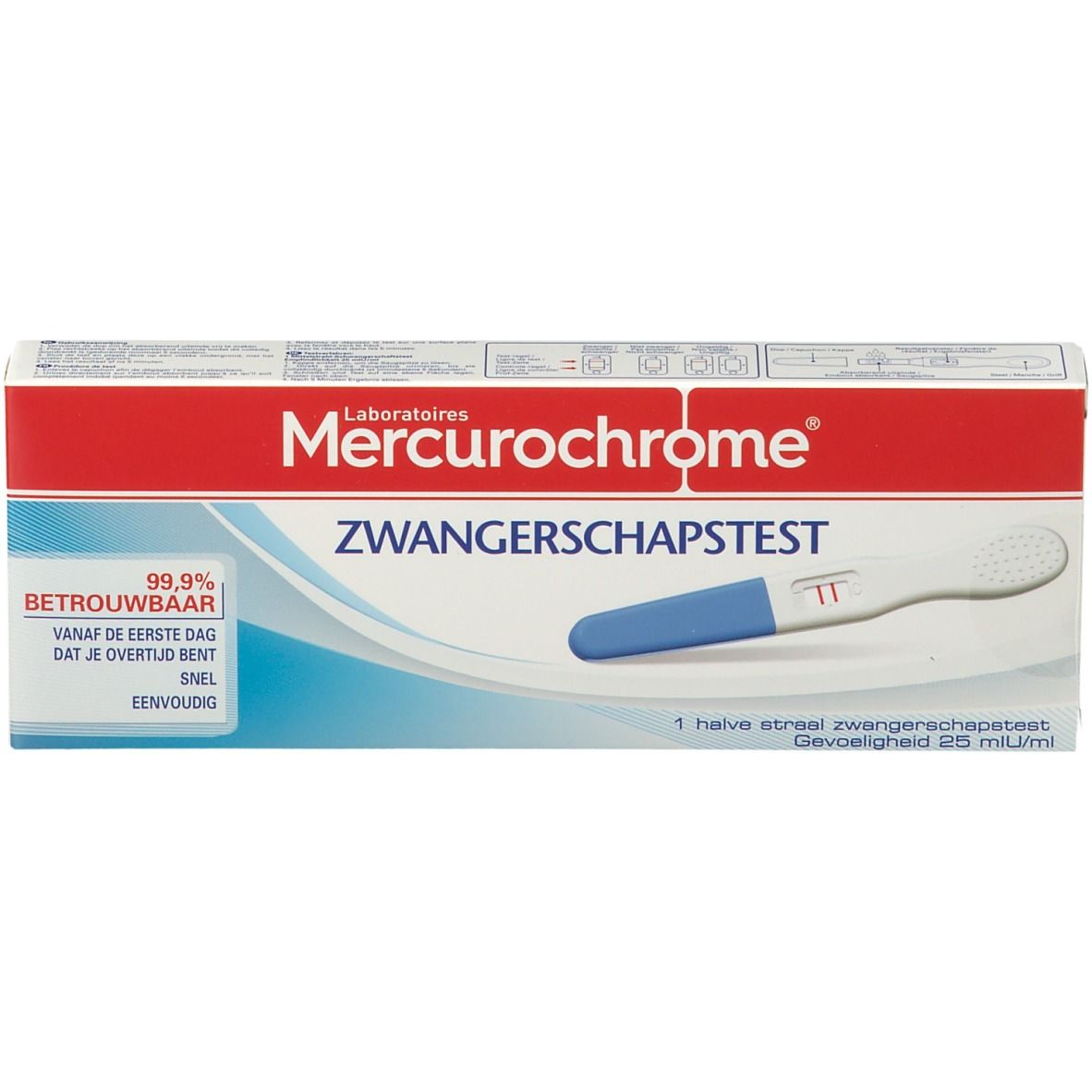Boîte de test de grossesse Mercurochrome. Blanc, rouge et bleu. Texte: Test de grossesse, fiable à 99,9%.