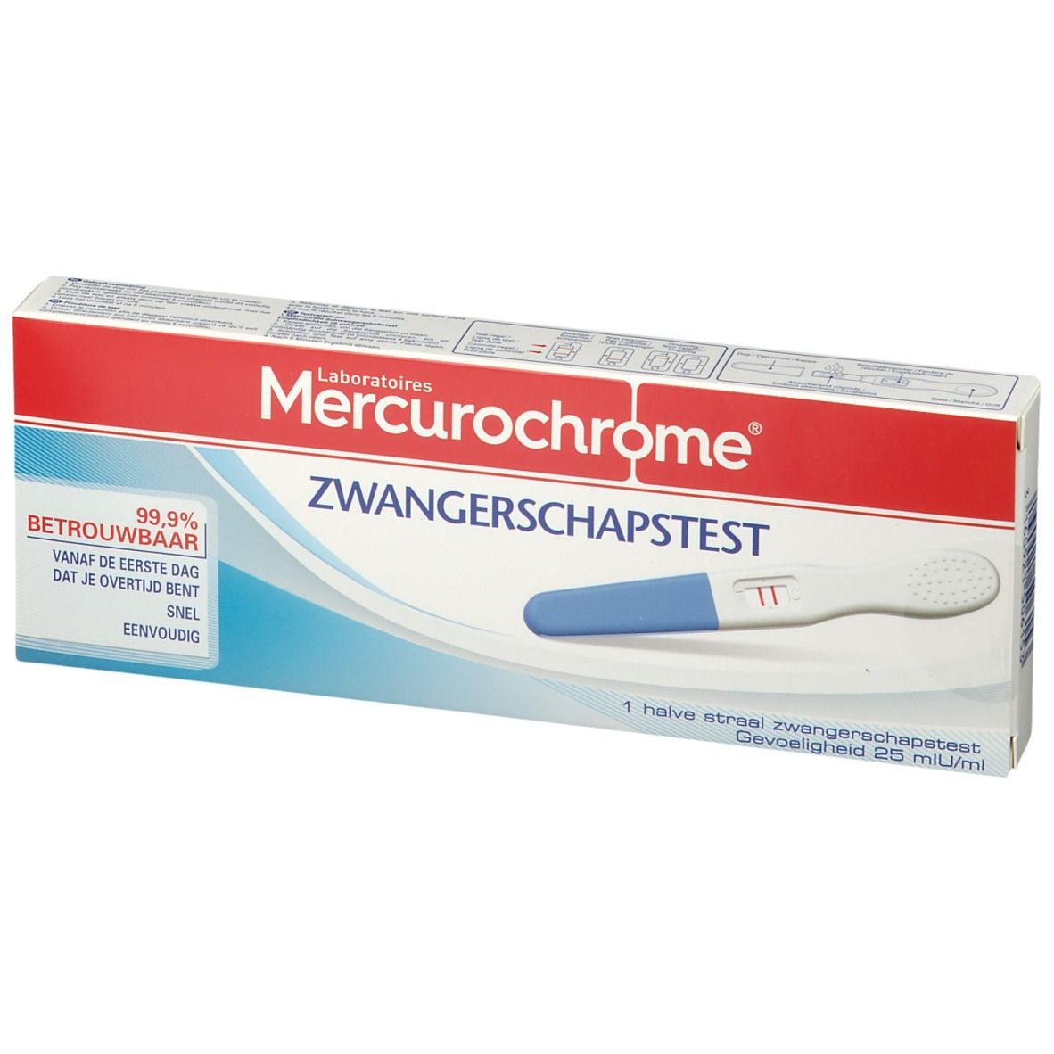 Boîte de test de grossesse Mercurochrome. Blanc, rouge et bleu. Texte: Test de grossesse, fiable à 99,9%.