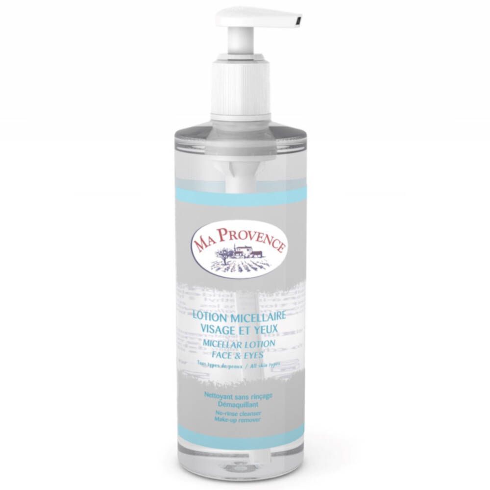 Transparante fles met witte pomp. Etiket met productnaam en logo. Blauwe strepen.
