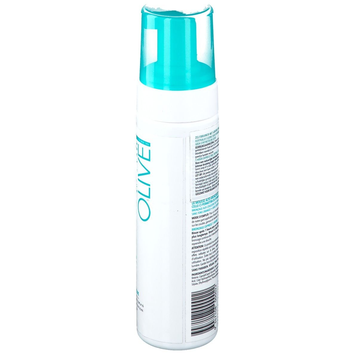 Flacon blanc avec bouchon turquoise. Dos avec texte et code-barres. Inscription : mine tan, Olive.