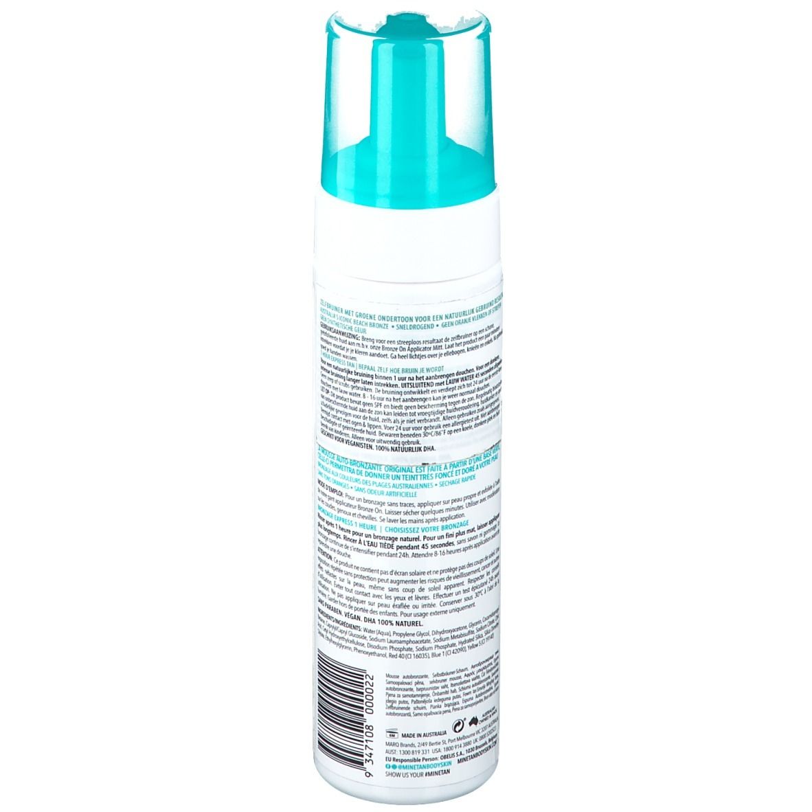 Flacon blanc avec bouchon turquoise. Dos avec texte et code-barres. Inscription : mine tan, Olive.