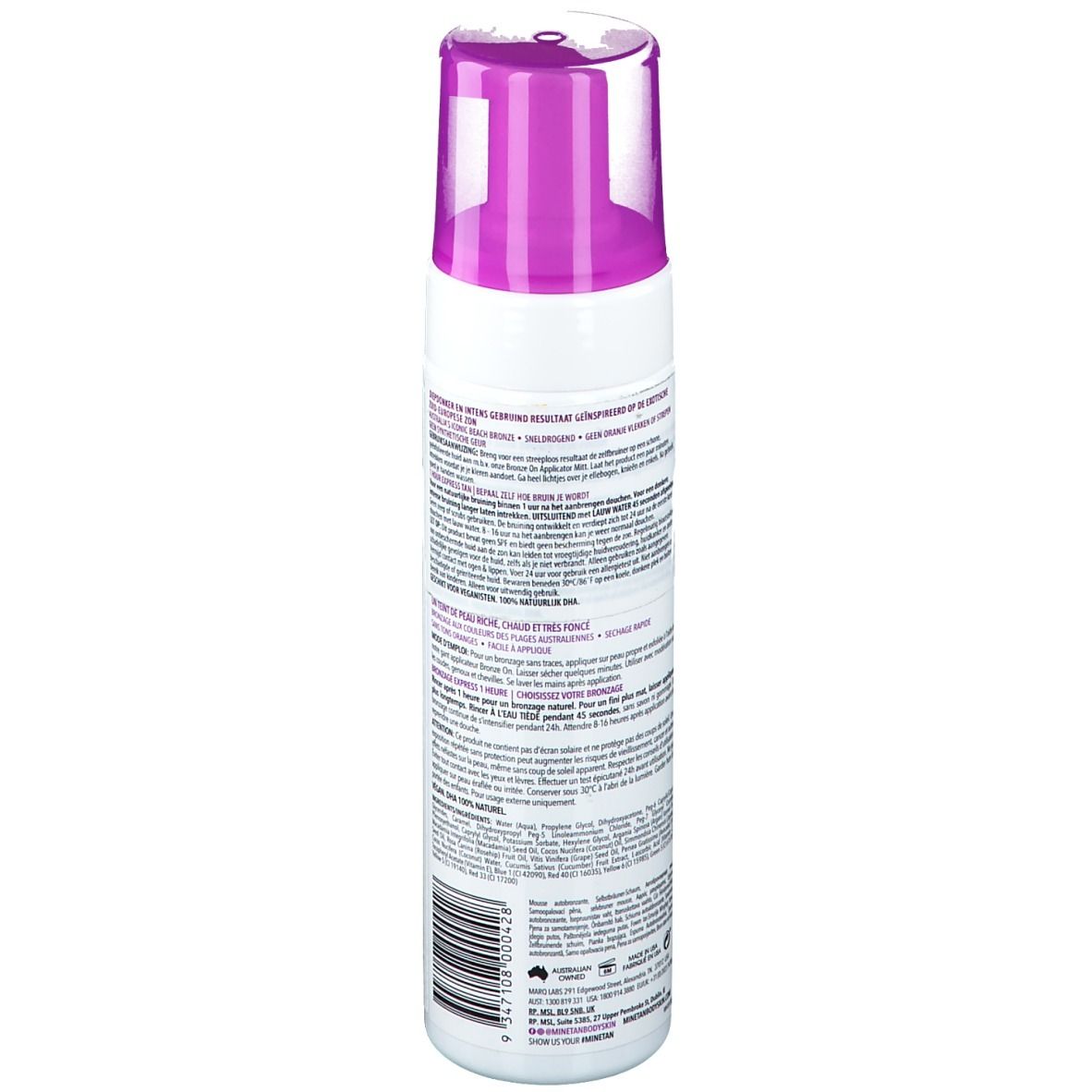 Wit-paarse fles. Tekst op achterkant. Met doseerkop. Barcode onderaan.