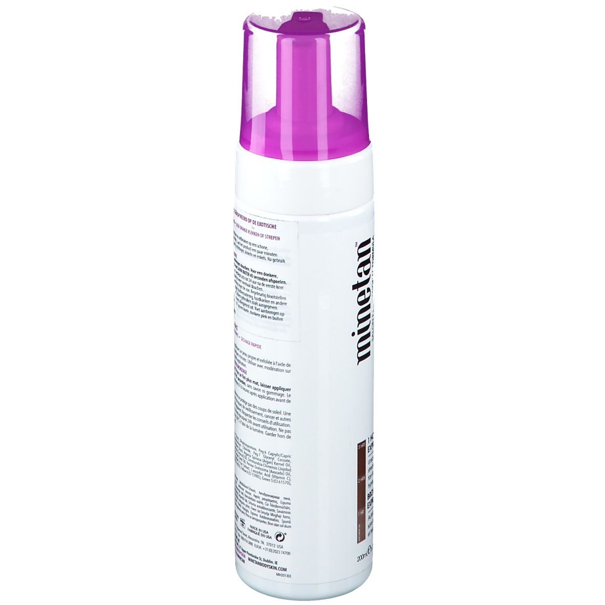 Wit-paarse fles. Opschrift: minetan, VIOLET. Tekst op achterkant. Met doseerkop.