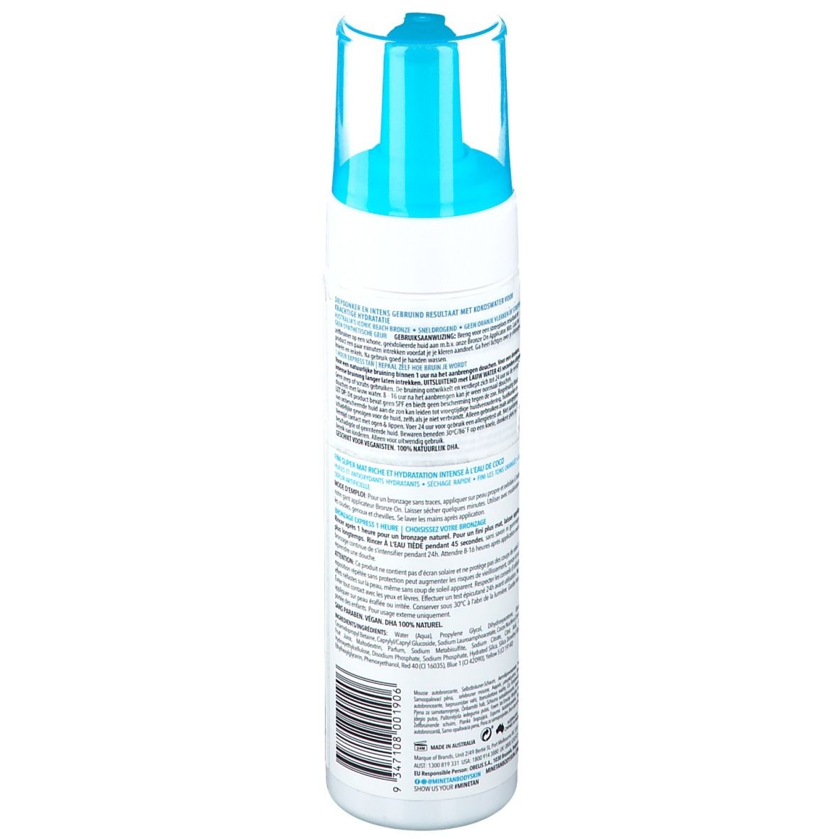 Dos d'un flacon blanc et bleu. Texte en plusieurs langues, code-barres.