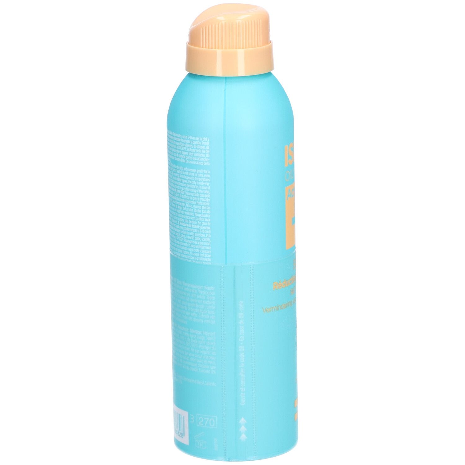 Türkisblaue Sprühflasche, Seitenansicht. Beige Sprühkopf. Text auf der Flasche.
