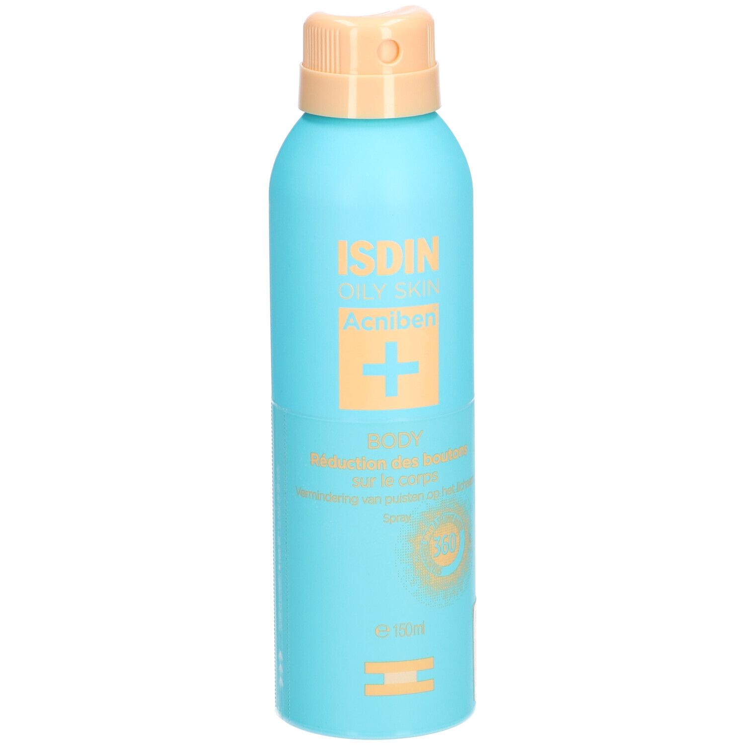 Türkisblaue Sprühflasche mit beigem Sprühkopf. Aufschrift: ISDIN, Acniben, BODY. Orangefarbenes Kreuz-Logo.