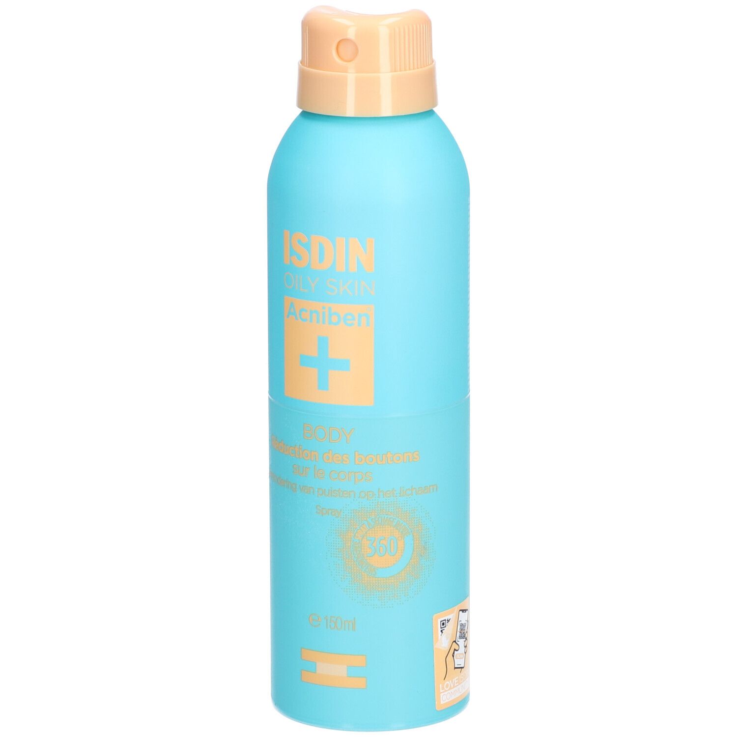 Türkisblaue Sprühflasche mit beigem Sprühkopf. Aufschrift: ISDIN, Acniben, BODY. Orangefarbenes Kreuz-Logo.