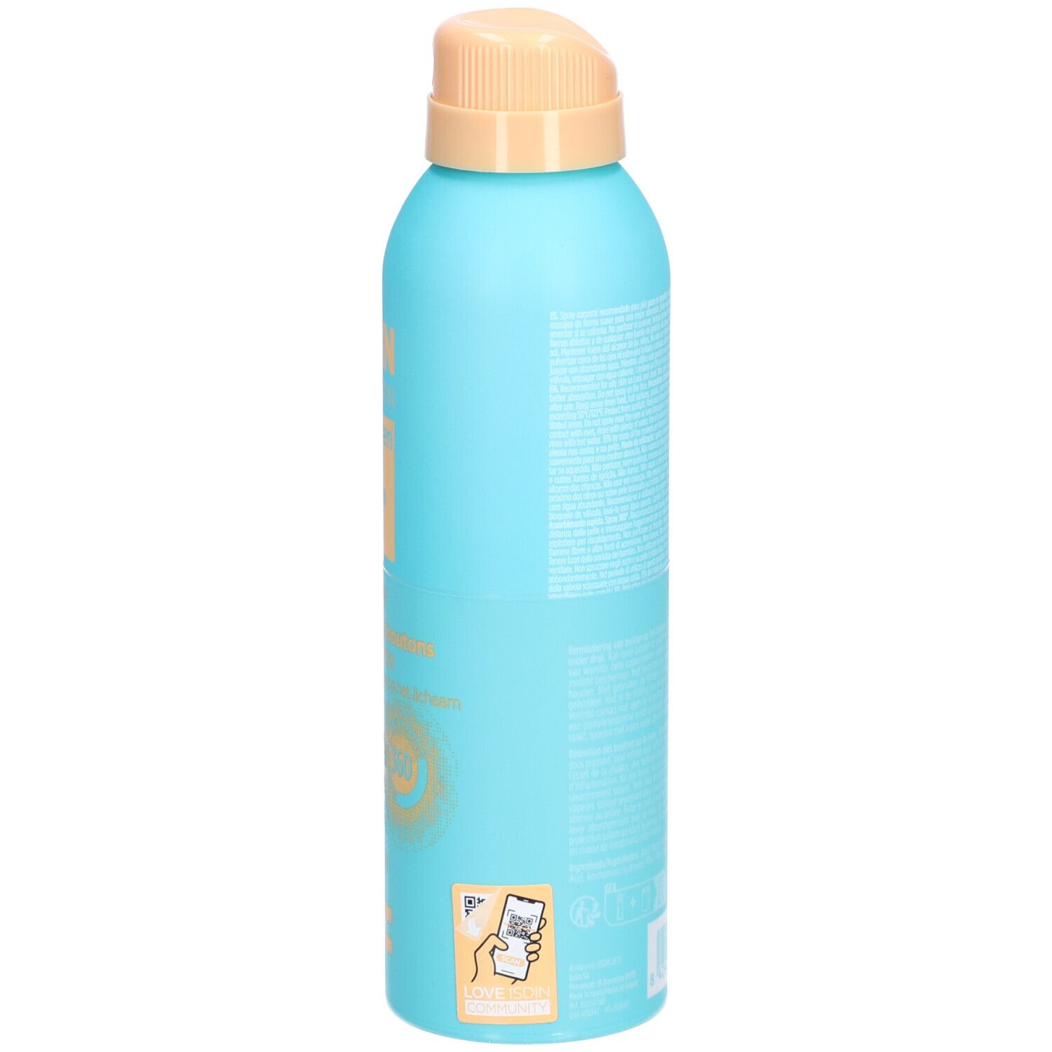 Türkisblaue Sprühflasche, Seitenansicht. Beige Sprühkopf. Text und QR-Code auf der Flasche.
