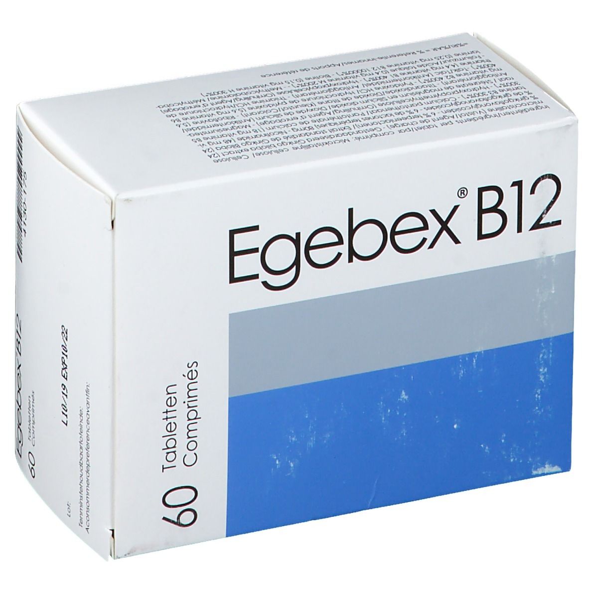 Boîte "Egebex B12". 60 comprimés. Blanc, bleu et gris. Texte en allemand et français.