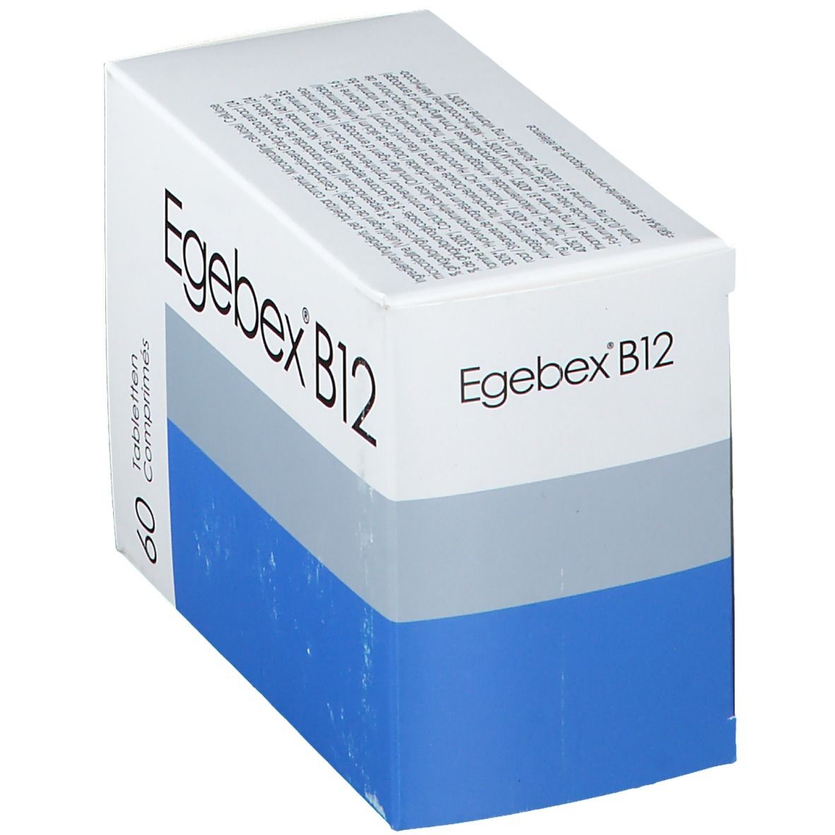 Boîte "Egebex B12". 60 comprimés. Blanc, bleu et gris. Texte en allemand et français.