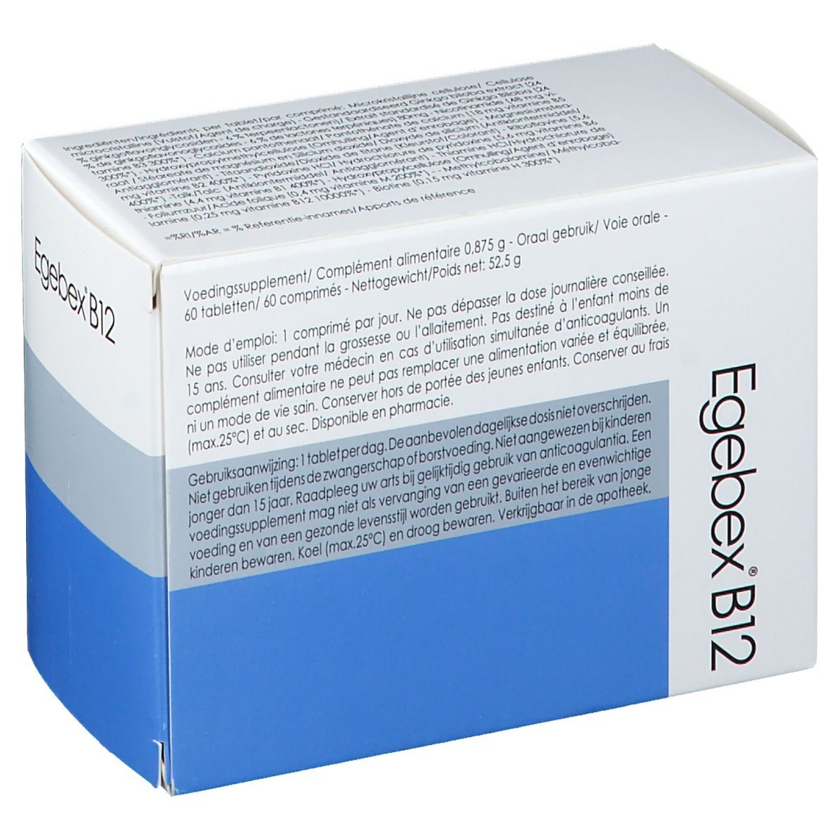 Boîte "Egebex B12". 60 comprimés. Blanc, bleu et gris. Texte en allemand, français et néerlandais.