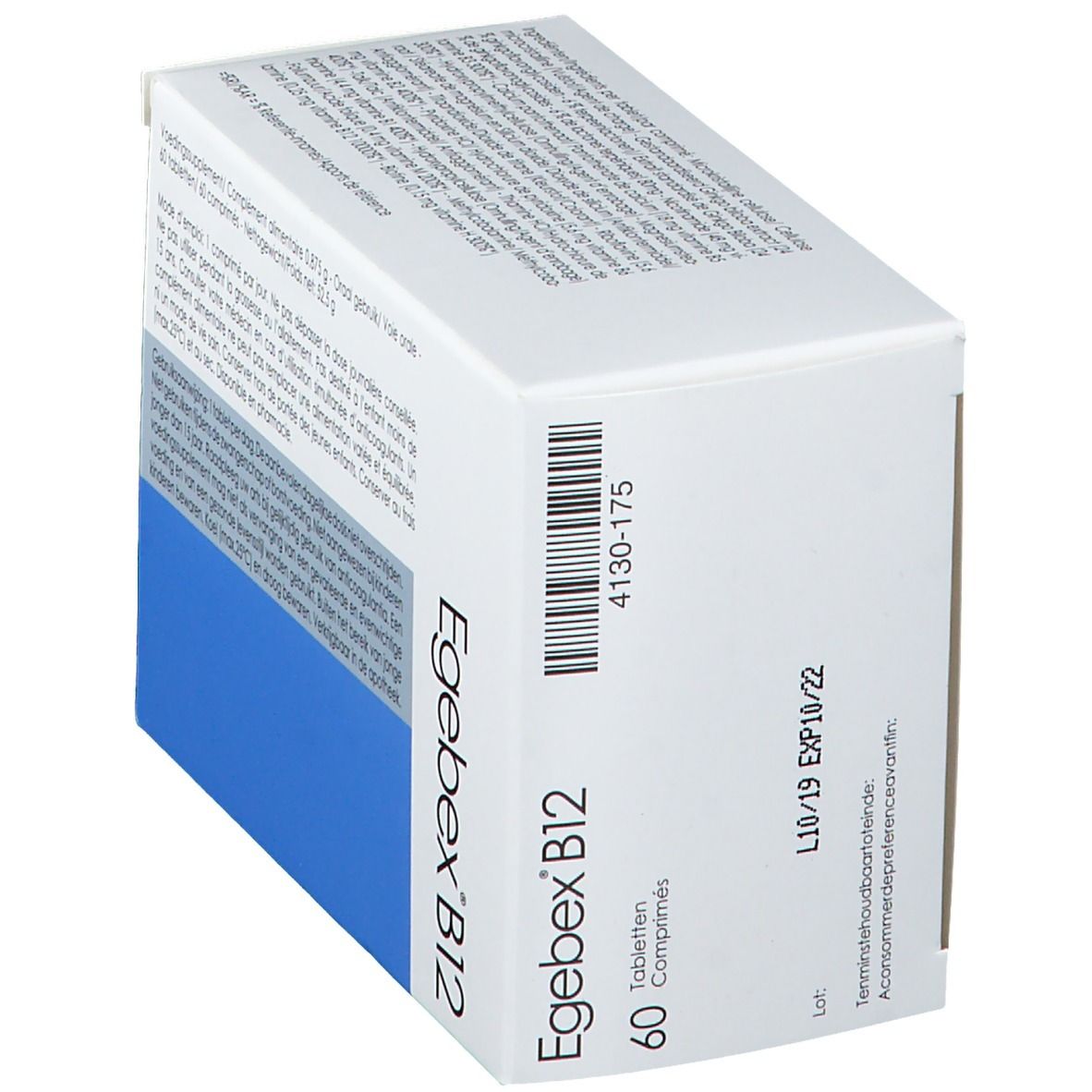 Boîte "Egebex B12". 60 comprimés. Blanc, bleu et gris. Code-barres. Texte en allemand et français.