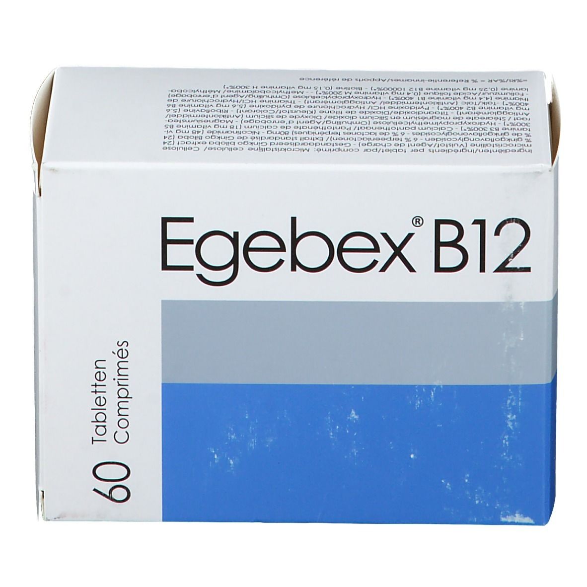 Boîte "Egebex B12". 60 comprimés. Blanc, bleu et gris. Texte en allemand et français.