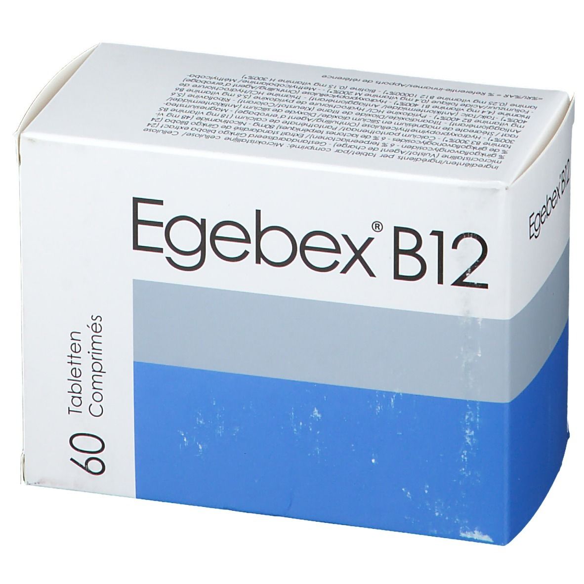 Boîte "Egebex B12". 60 comprimés. Blanc, bleu et gris. Texte en allemand et français.