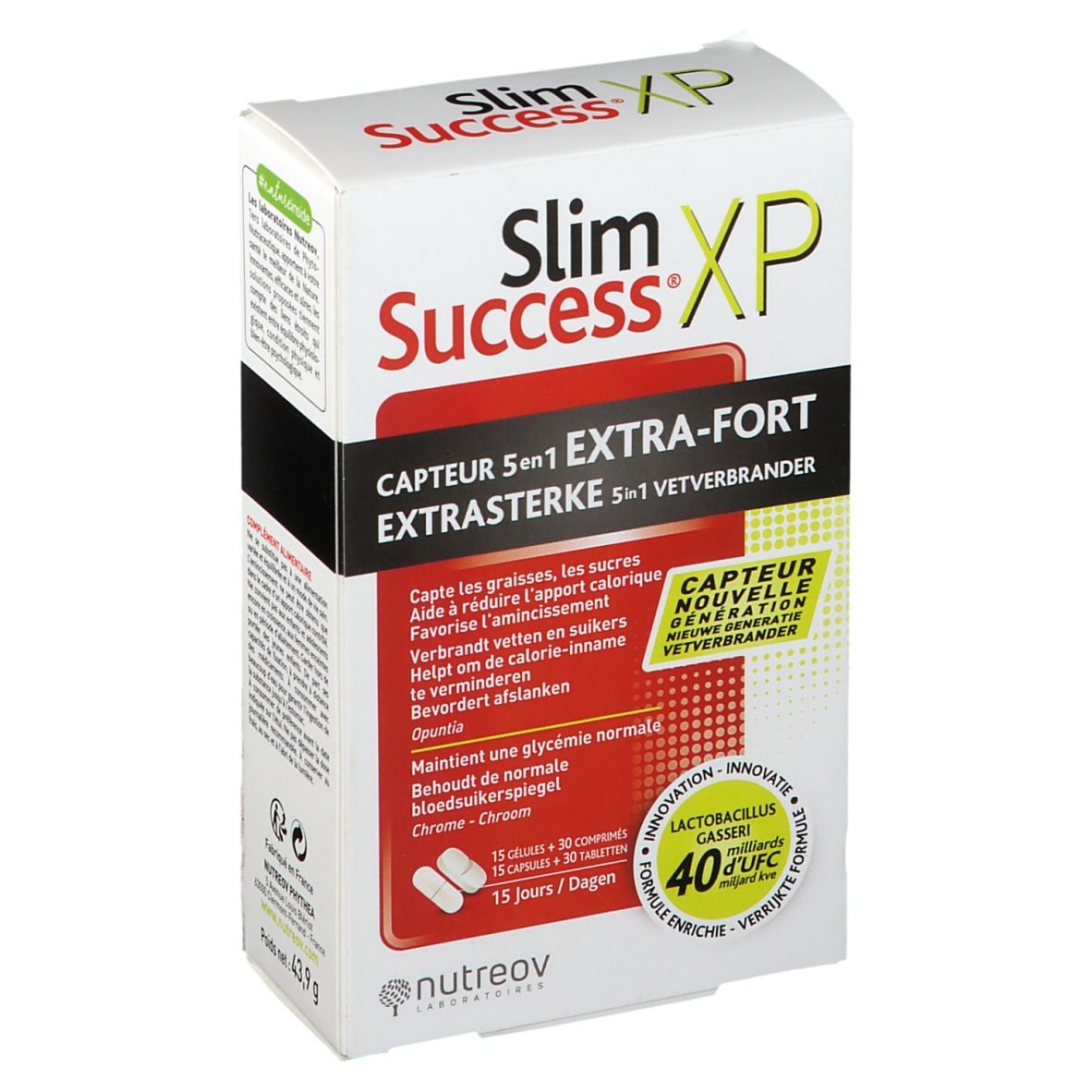 Verpakking van Nutreov Slim Success XP. Bevat 15 capsules en 30 tabletten. Opschrift 'Extra Sterk' en '5 in 1'.