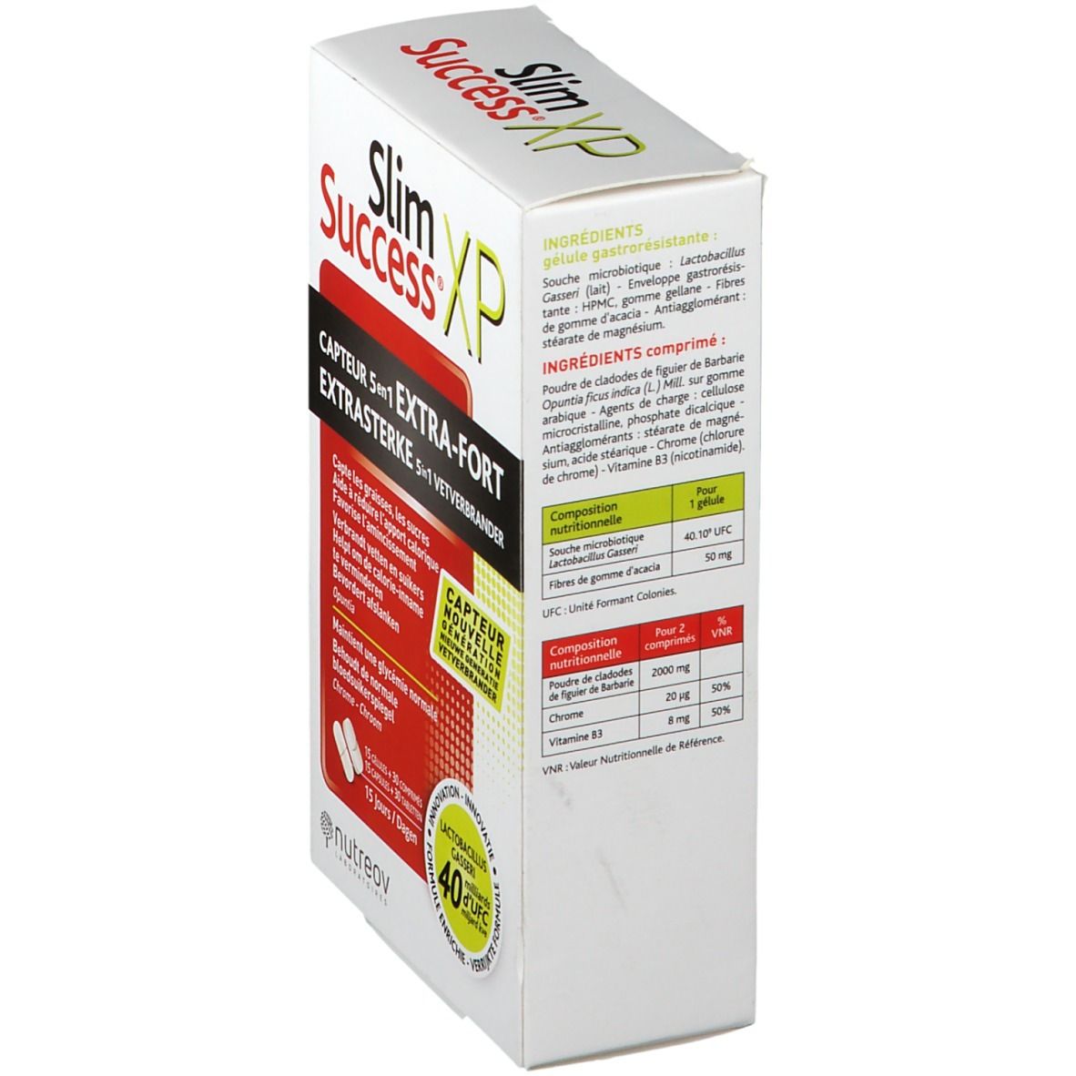 Zijaanzicht van de Nutreov Slim Success XP verpakking. Bevat informatie over ingrediënten en voedingswaarden. Logo '40 UFC'.