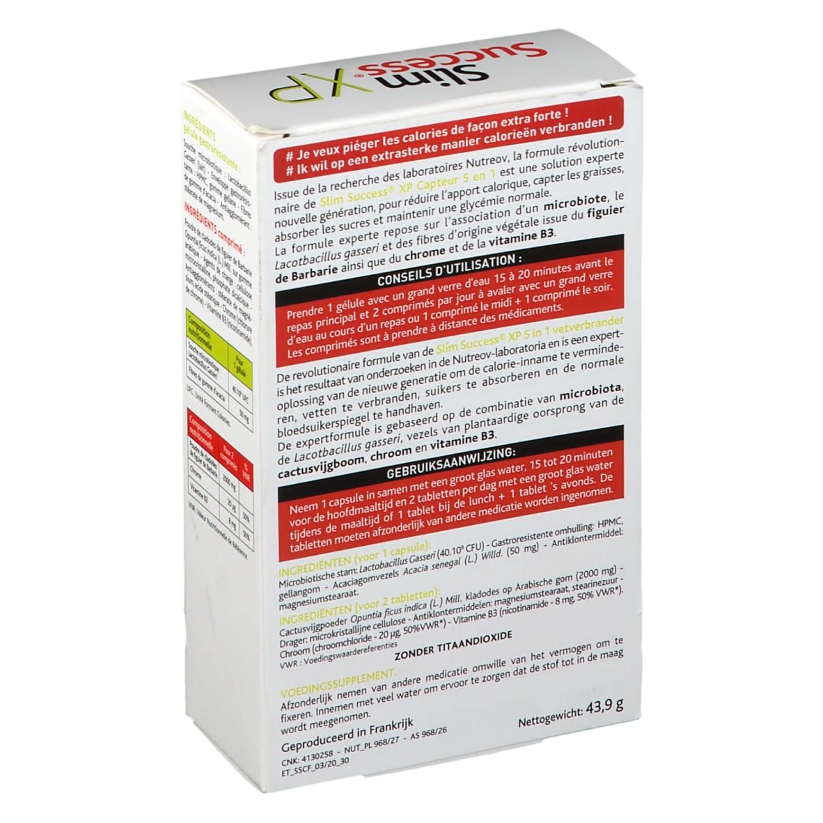 Achterkant van de Nutreov Slim Success XP verpakking. Bevat gebruiksaanwijzingen en ingrediënten. Met logo '40 UFC'.