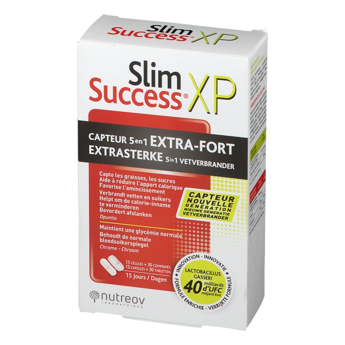 Vooraanzicht van de Nutreov Slim Success XP verpakking. Bevat 15 capsules en 30 tabletten. Opschrift 'Extra Sterk' en '5 in 1'.