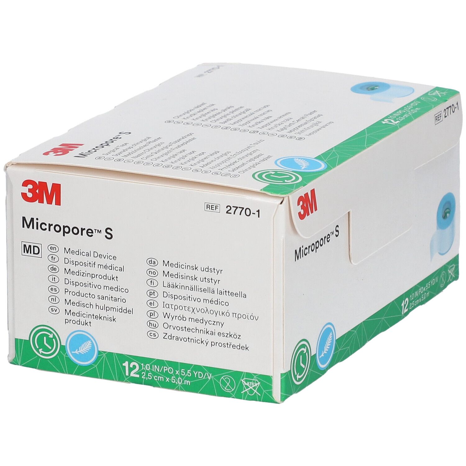 Verpakking van 3M Micropore S. Logo en productnaam duidelijk zichtbaar. Meerdere talen staan op de verpakking.