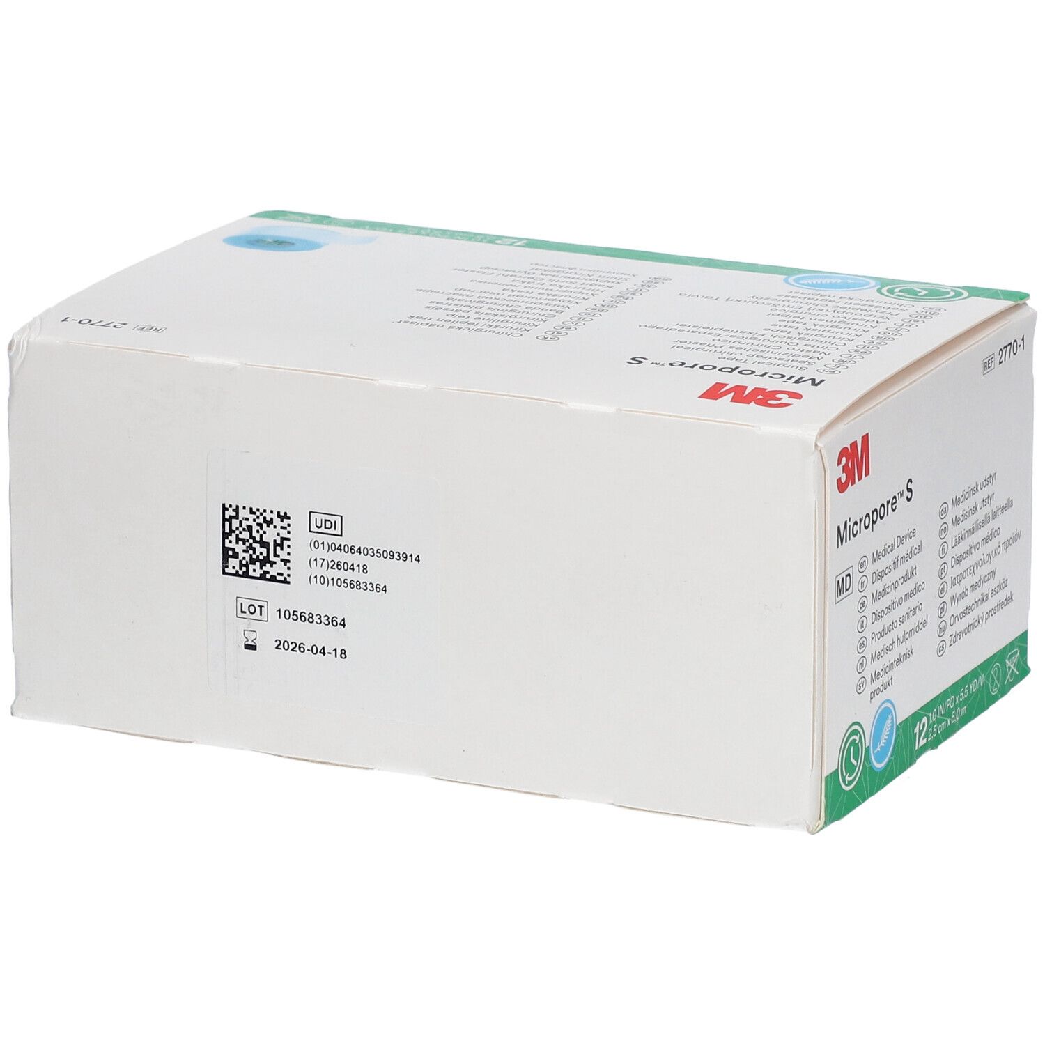 Verpakking van 3M Micropore S. Een barcode en vervaldatum staan op de verpakking.