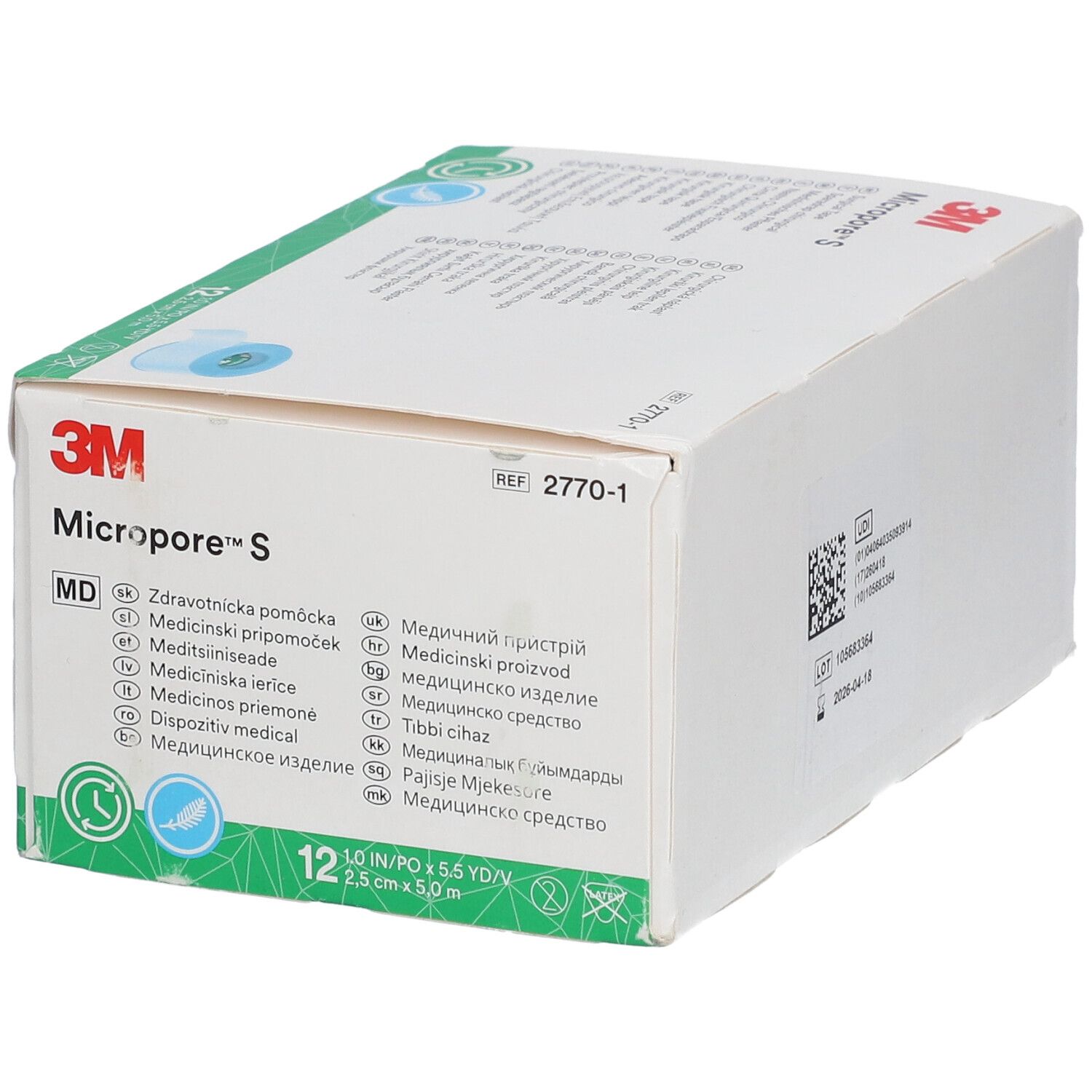 Verpakking van 3M Micropore S. Logo en productnaam duidelijk zichtbaar. Meerdere talen staan op de verpakking.