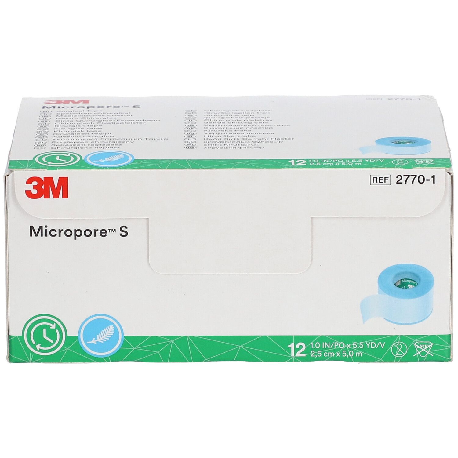 Verpakking van 3M Micropore S. Logo en productnaam duidelijk zichtbaar. Rol tape gedeeltelijk zichtbaar.