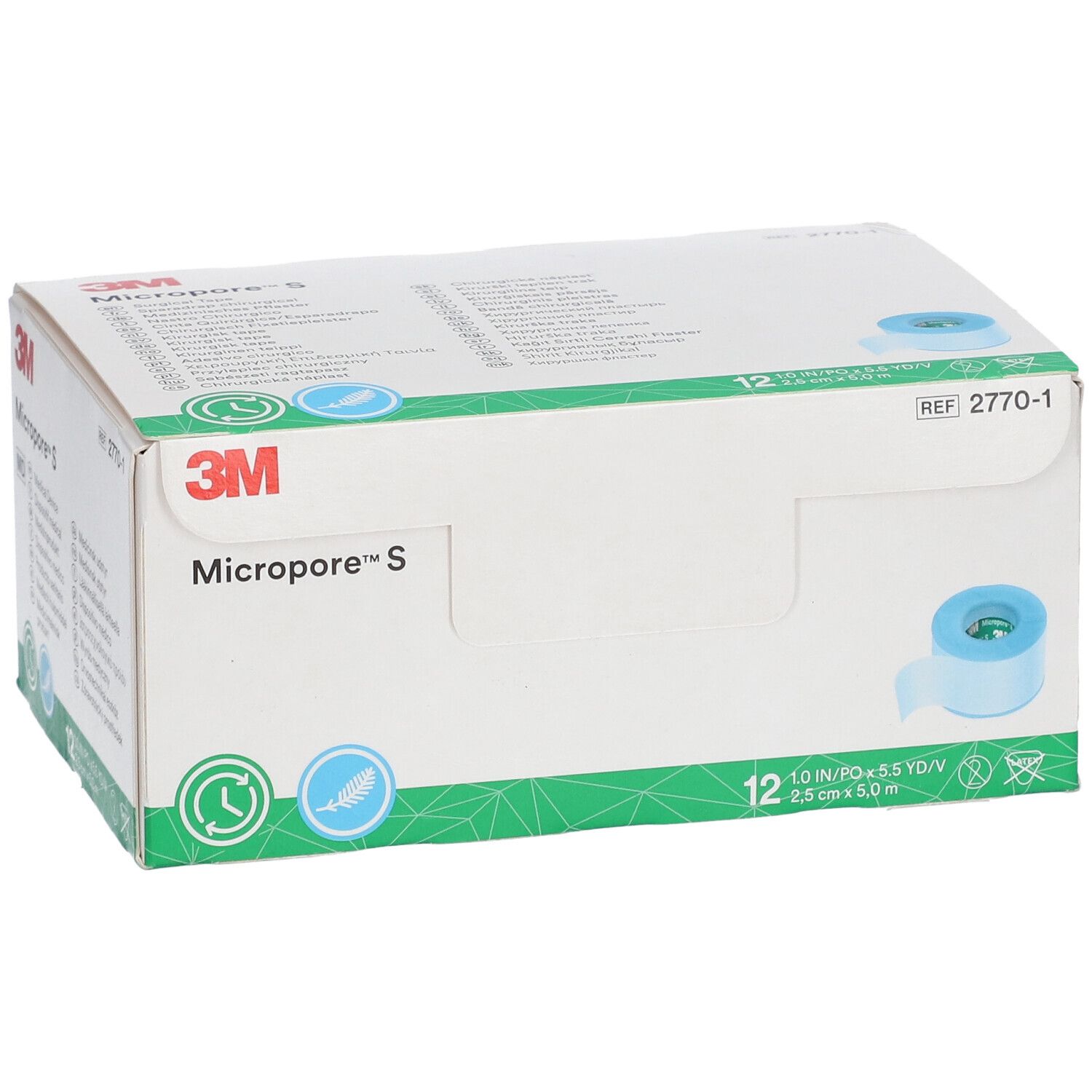 Verpakking van 3M Micropore S. Logo en productnaam duidelijk zichtbaar. Rol tape gedeeltelijk zichtbaar.