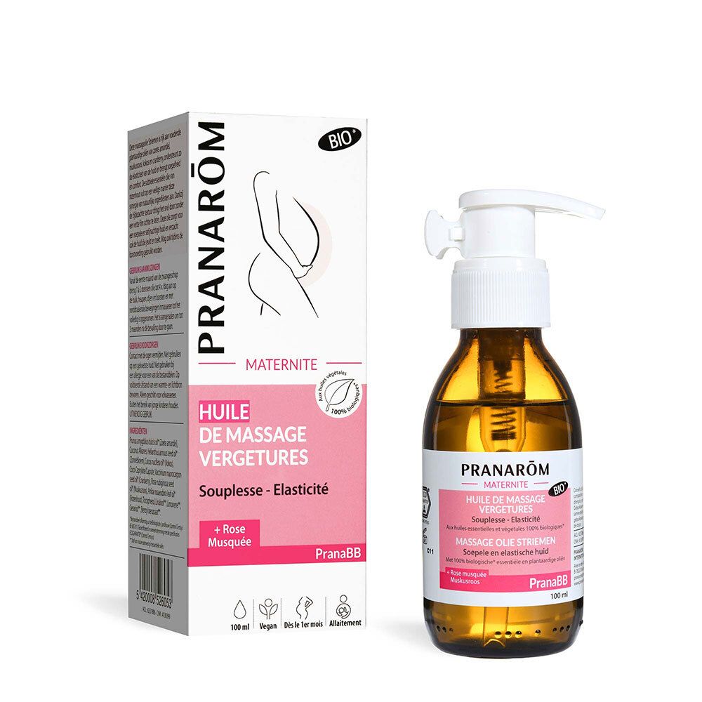 Bruine glazen fles met witte pomp en doos. Opschrift: Pranarôm, Huile de massage vergetures, Bio. Illustratie van een zwangere vrouw.