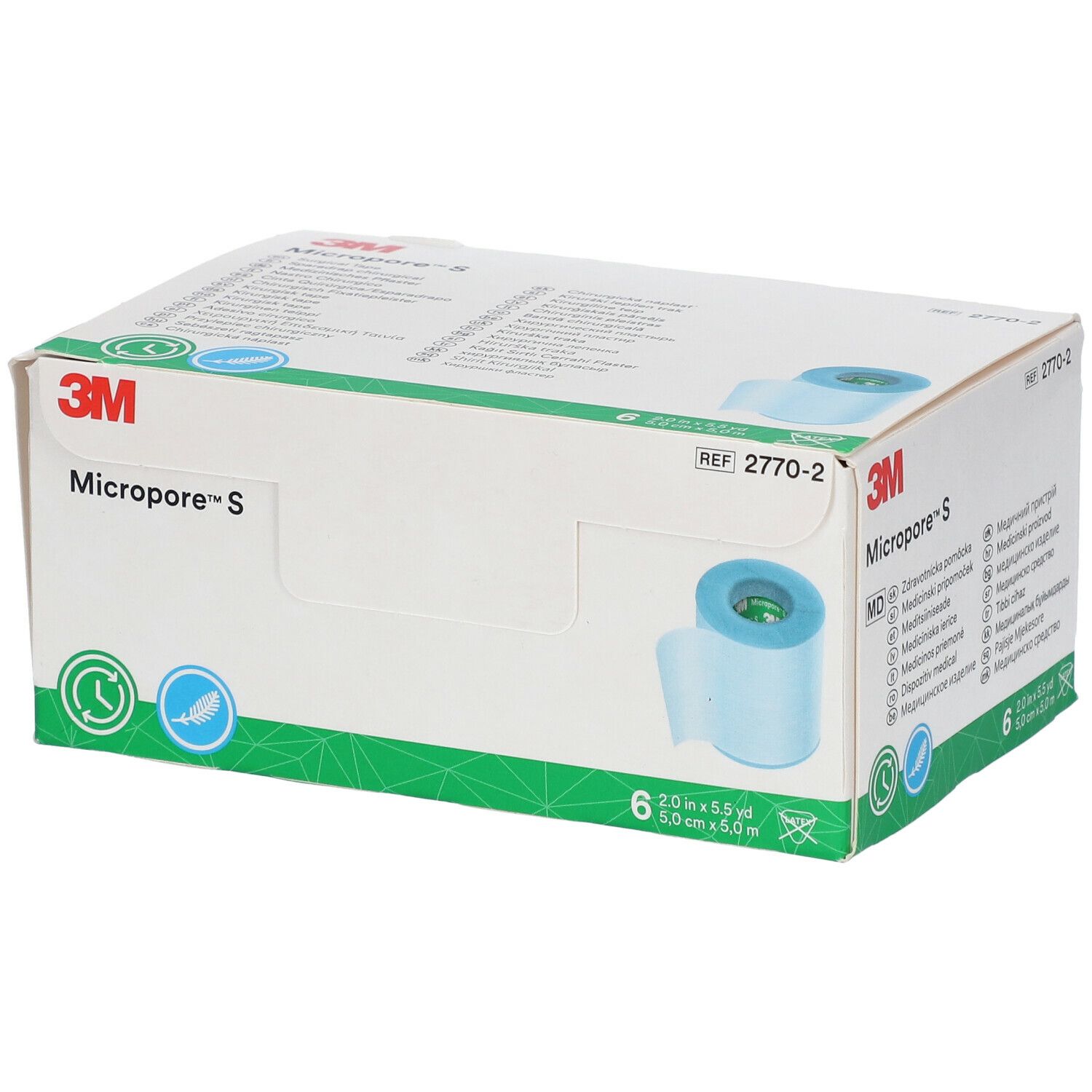 Verpakking van 3M Micropore S. Bevat 6 rollen. Opschriften: 3M, Micropore S, REF 2770-2, 2.0 in x 5.5 yd, 5.0 cm x 5.0 m.