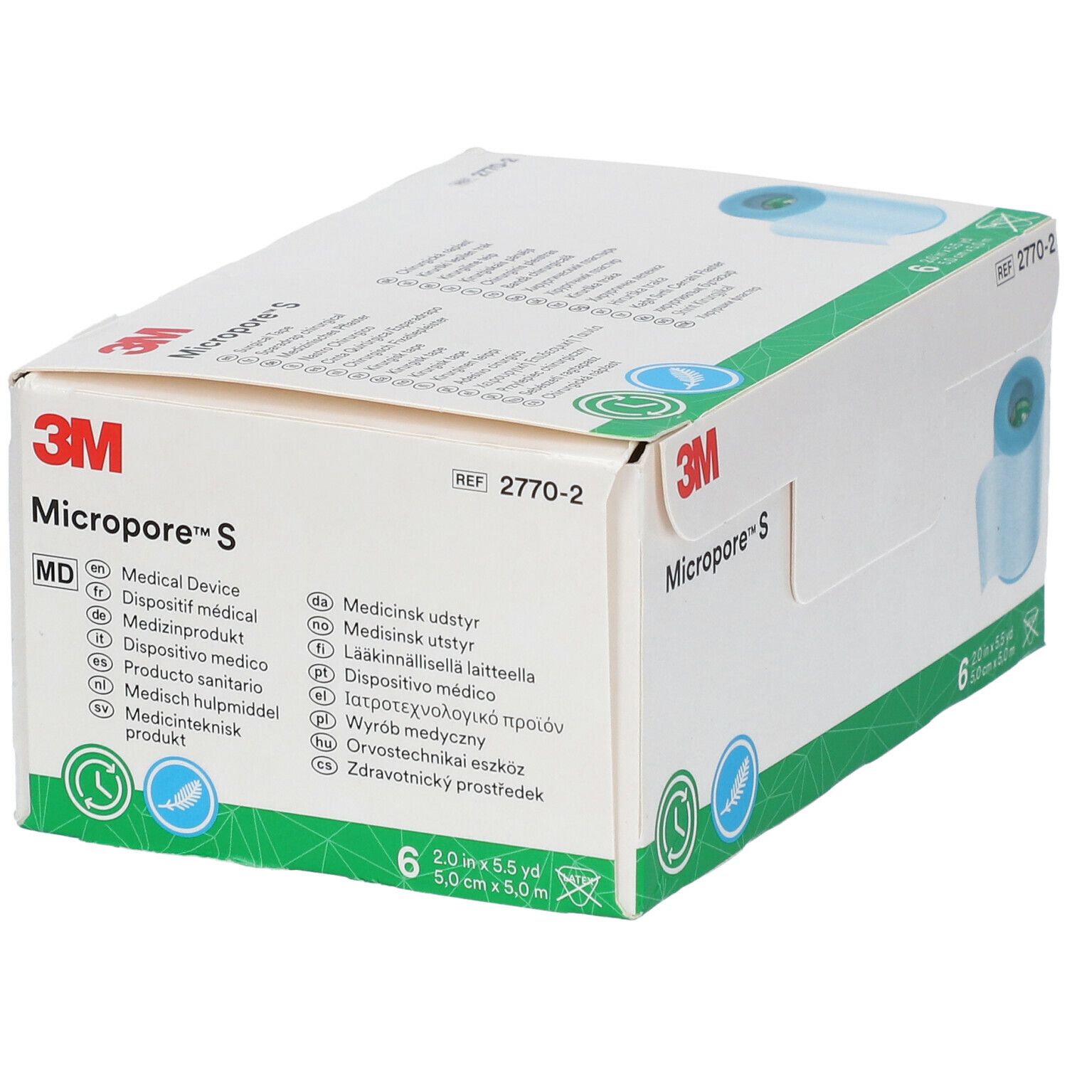 Verpakking van 3M Micropore S. Opschriften: 3M, Micropore S, REF 2770-2, Medisch hulpmiddel. Bevat 6 rollen. Afmetingen: 2.0 in x 5.5 yd, 5.0 cm x 5.0 m.