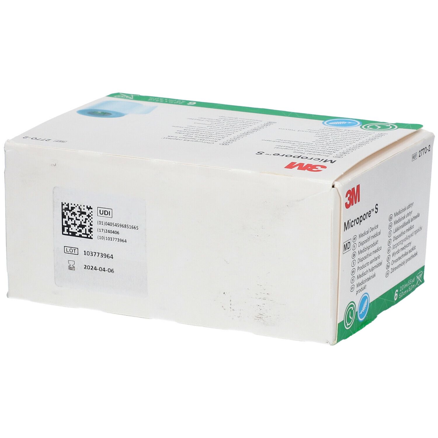Verpakking van 3M Micropore S. Opschriften: 3M, Micropore S, REF 2770-2. Bevat 6 rollen. Afmetingen: 2.0 in x 5.5 yd, 5.0 cm x 5.0 m. UDI-code en vervaldatum.