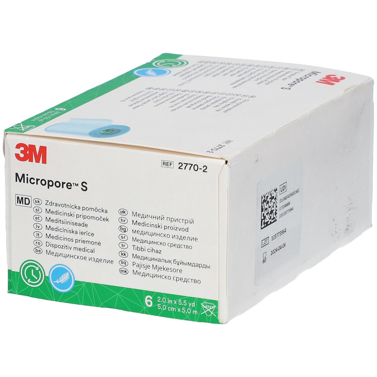 Verpakking van 3M Micropore S. Opschriften: 3M, Micropore S, REF 2770-2, Medisch hulpmiddel. Bevat 6 rollen. Afmetingen: 2.0 in x 5.5 yd, 5.0 cm x 5.0 m.