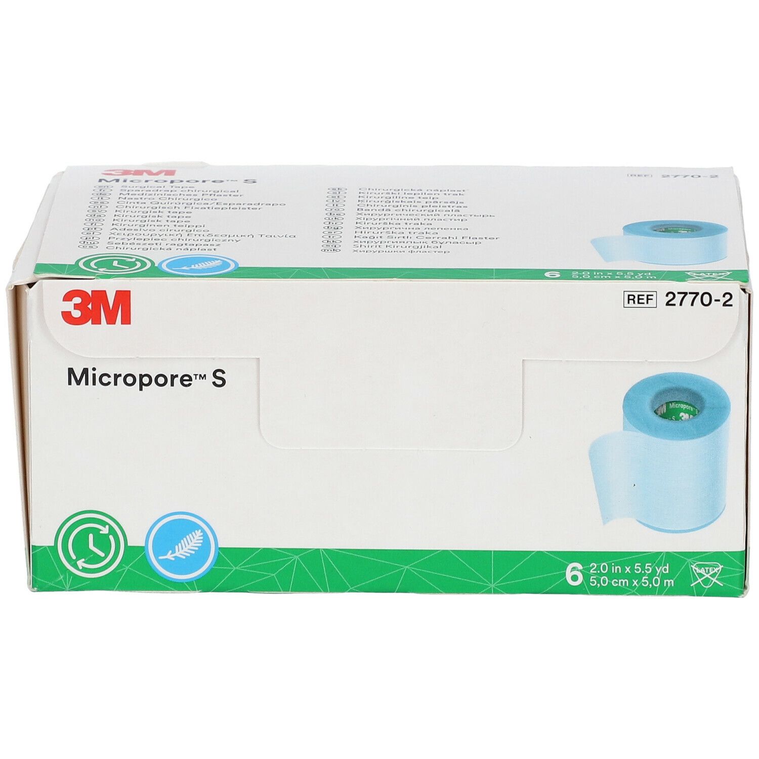 Verpakking van 3M Micropore S. Opschriften: 3M, Micropore S, REF 2770-2. Bevat 6 rollen. Afmetingen: 2.0 in x 5.5 yd, 5.0 cm x 5.0 m. Blauwe plakbandrollen.