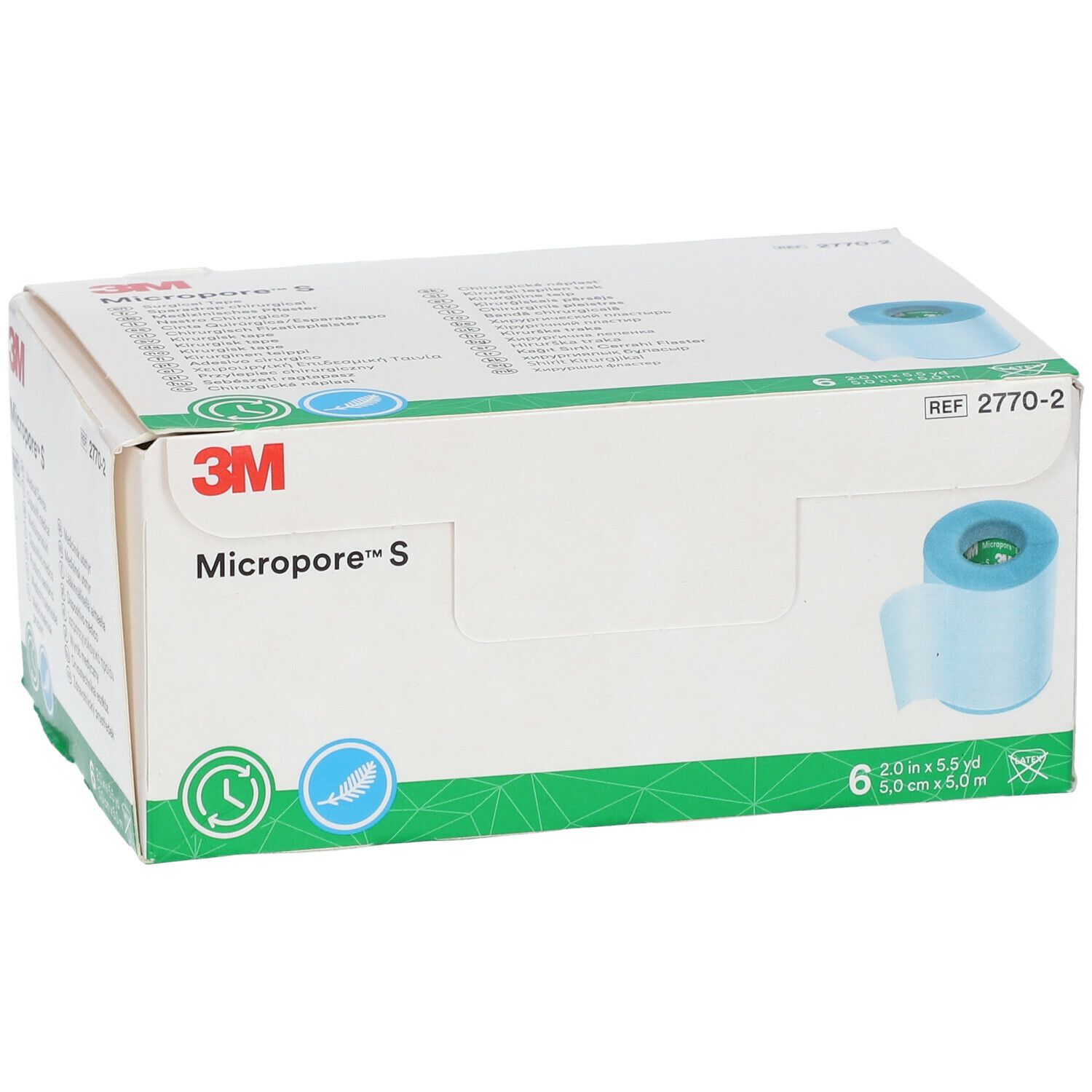 Verpakking van 3M Micropore S. Opschriften: 3M, Micropore S, REF 2770-2. Bevat 6 rollen. Afmetingen: 2.0 in x 5.5 yd, 5.0 cm x 5.0 m.