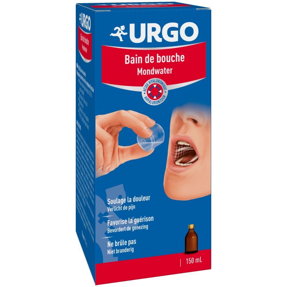 Blauw-witte verpakking met productillustratie en tekst. URGO-logo, productnaam, illustratie van gebruik.
