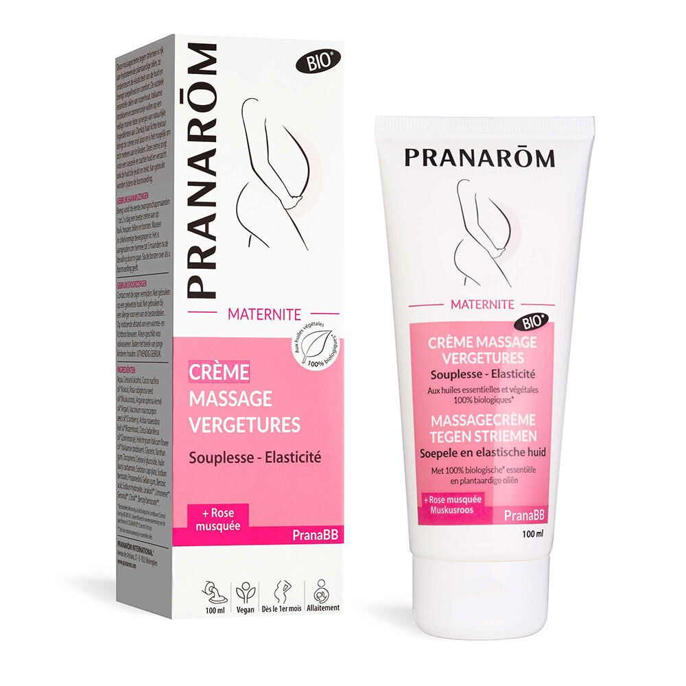 Crème en verpakking. Opschrift: Pranarôm, Maternité, Crème Massage Vergetures, + Rose musquée, 100% Bio. Inhoud 100ml.