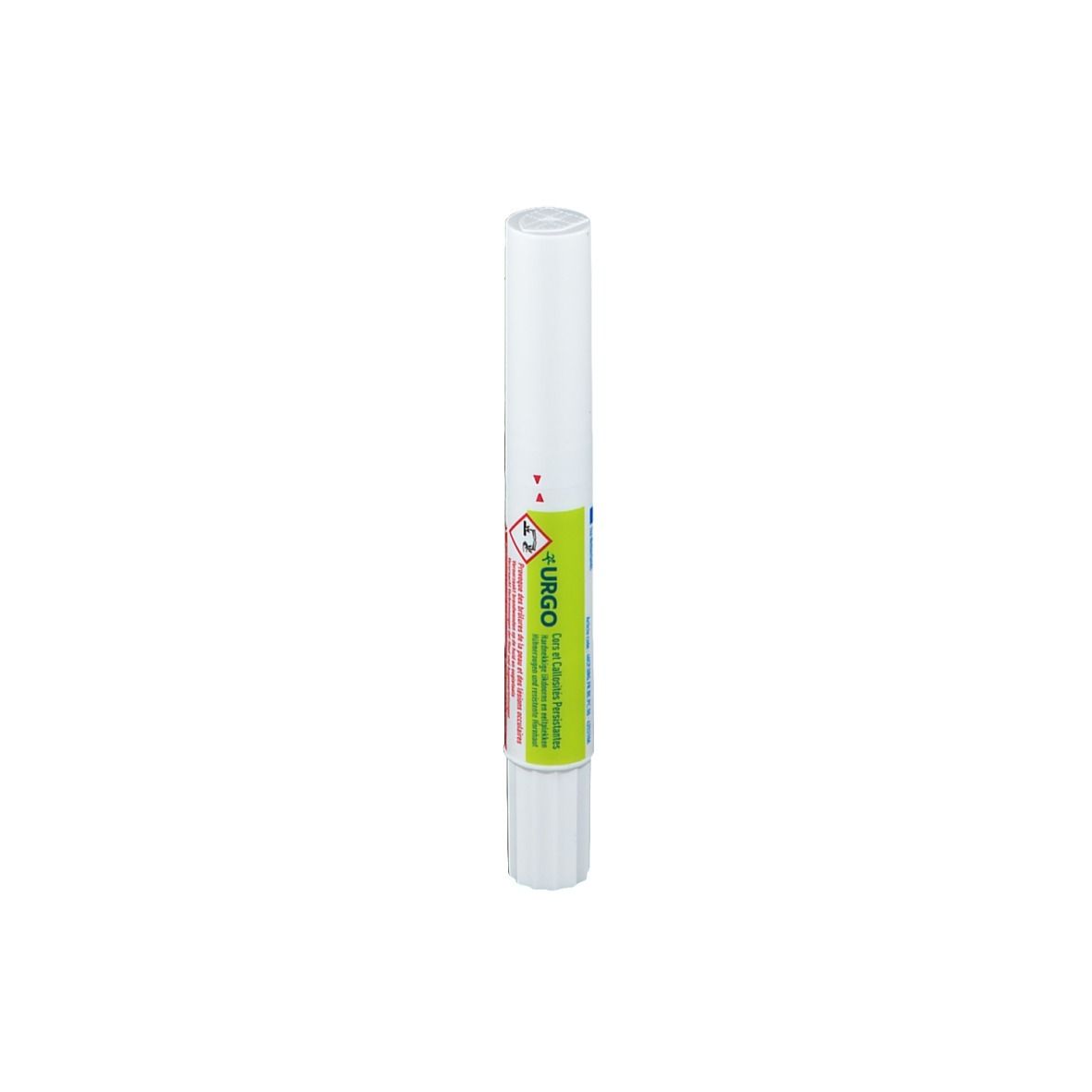 Stylo blanc avec étiquette verte et rouge. Inscription URGO. Symbole de danger.