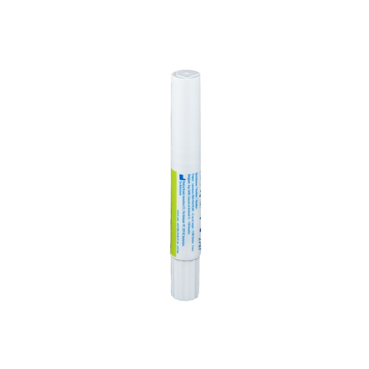 Stylo blanc avec étiquette bleue. Texte en français. Marquage CE.